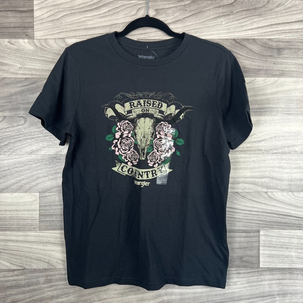 Wrangler T-Shirt Women's Small Black Graphic Print Cotton Raised on‎ Country Tee